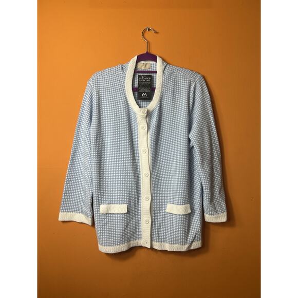 Cia de Moda Women's Cardigan Sweater Size LG Blue White Gingham Long Sleeve NWT - Picture 1 of 11